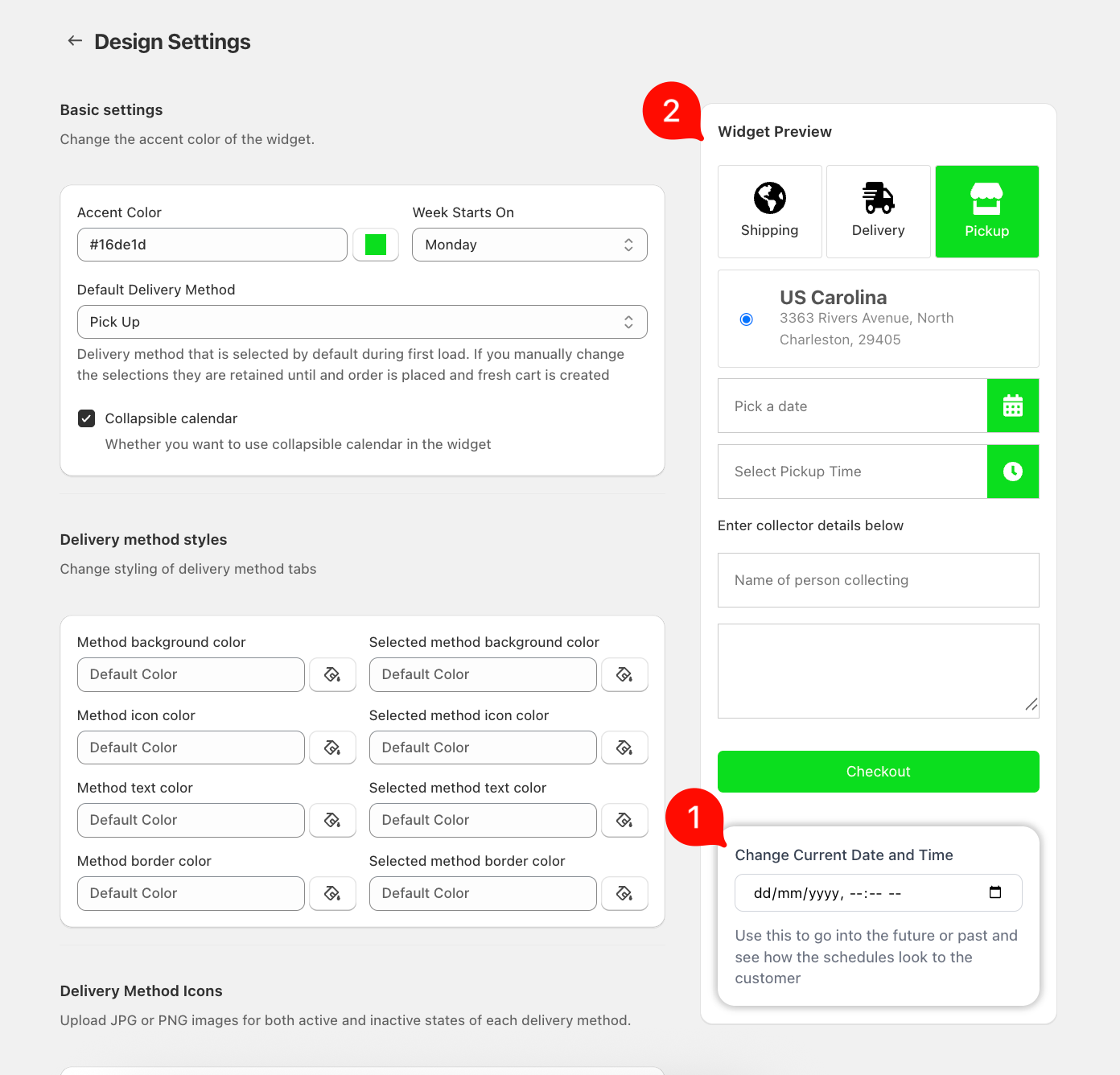 Shows widget preview with delivery calendar