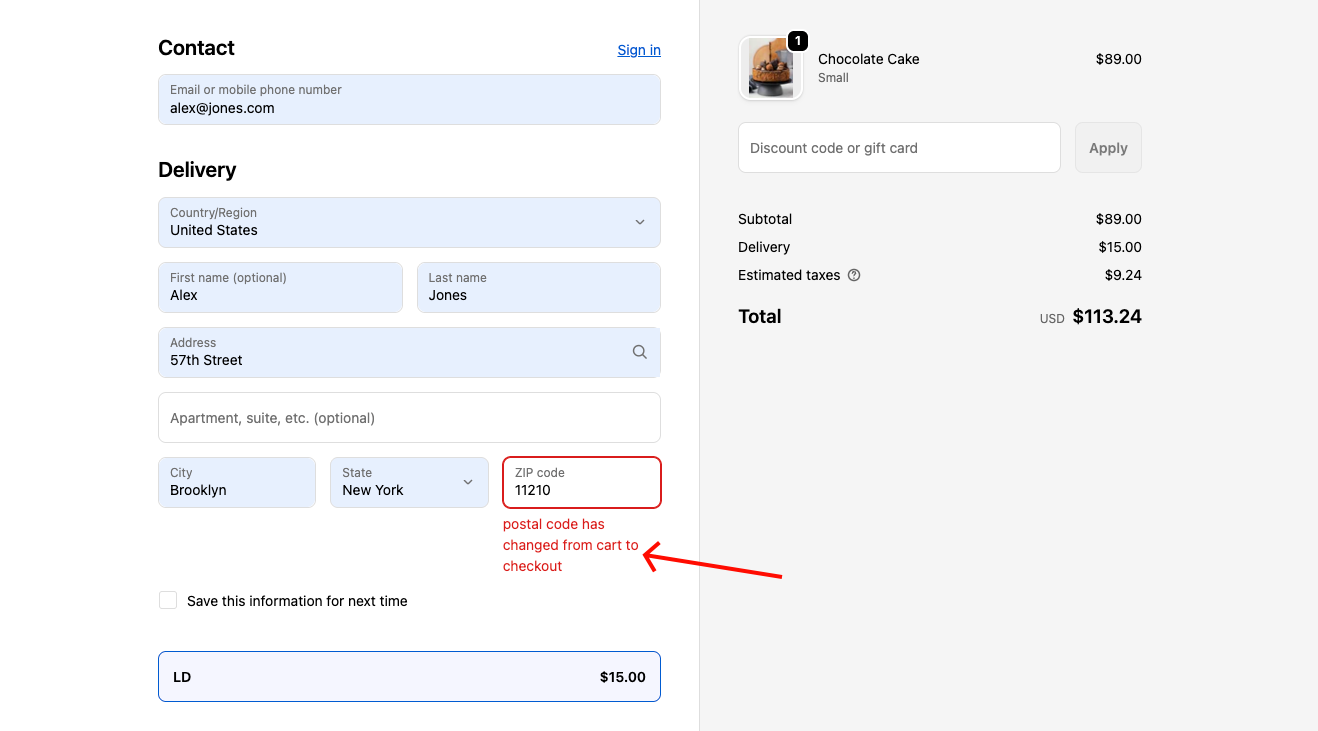 Shopify checkout page showing the ZIP code field highlighted where the postal code has changed from what was entered in the cart