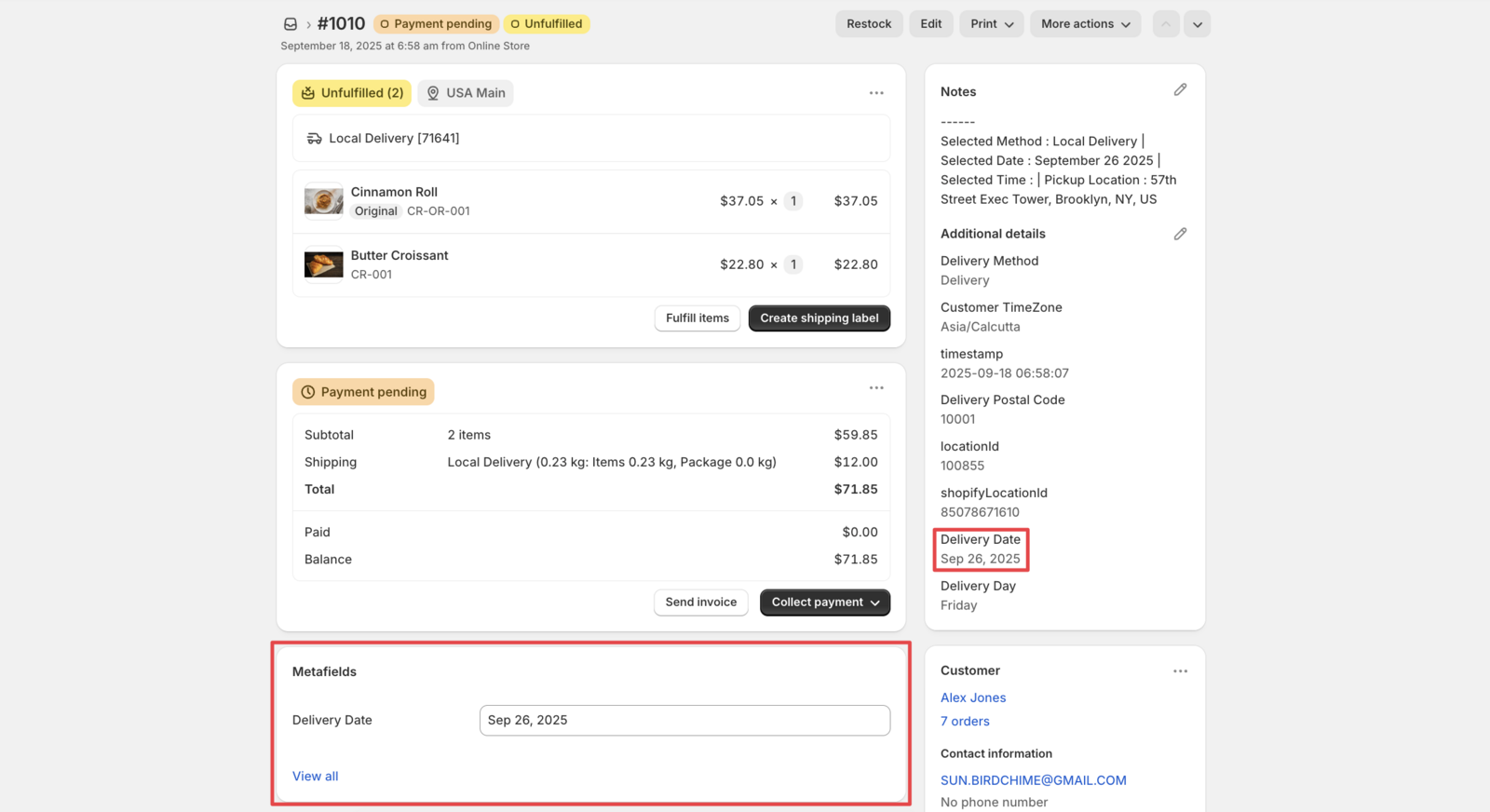 Order confirmation with delivery date in metafield
