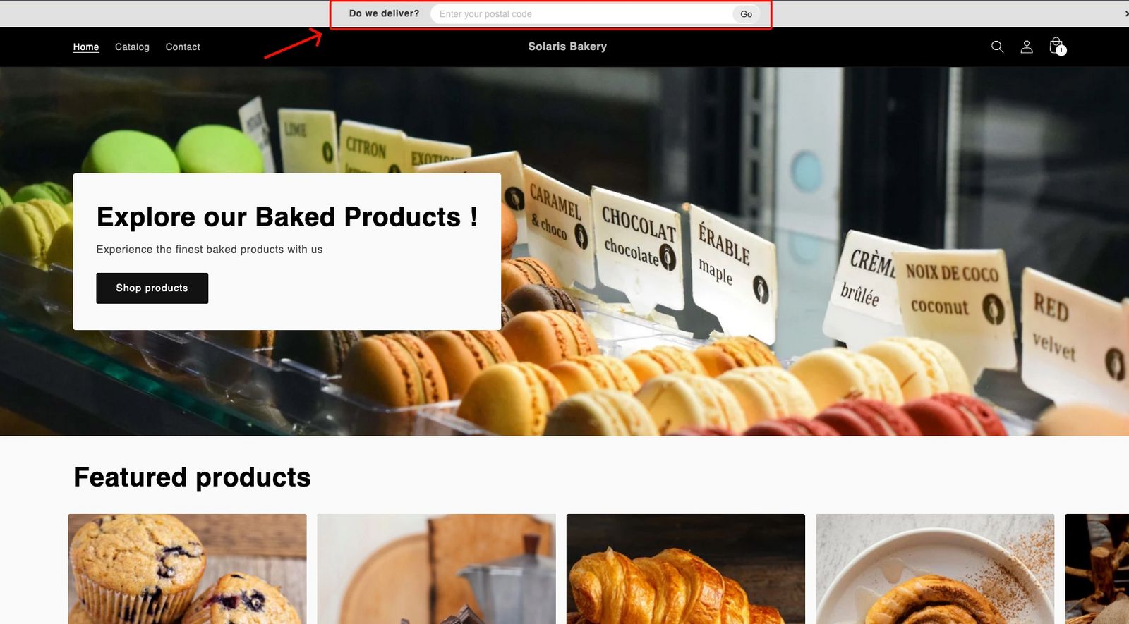 Storefront homepage showing the embedded "Do we deliver?" postal code checker in the site header