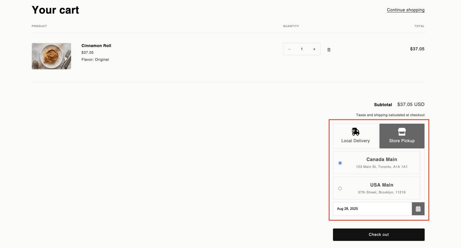 Displays the Bird widget on the cart page with date/time selection options visible