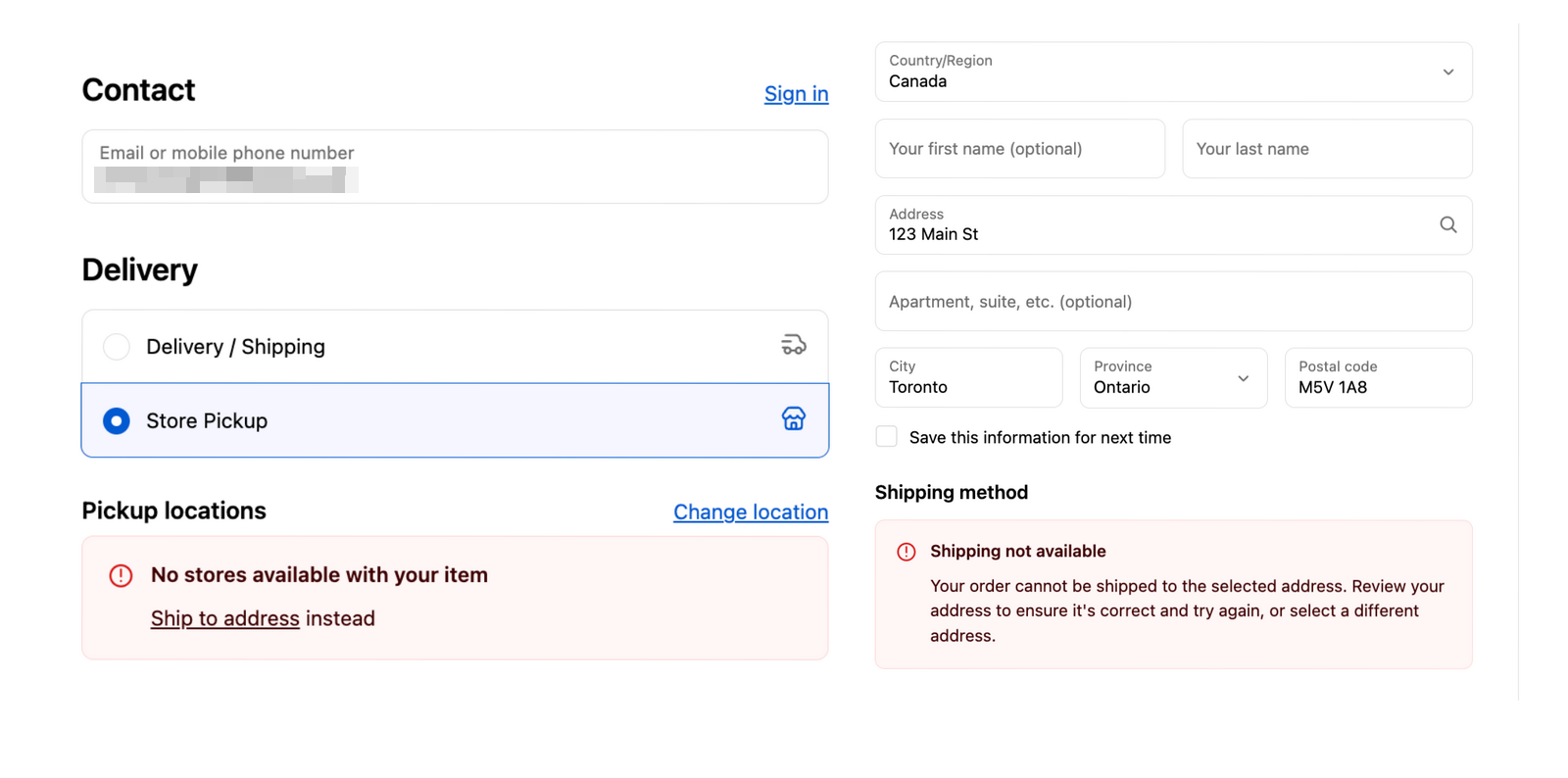Checkout error message indicating that no shipping methods are available for the customer's address