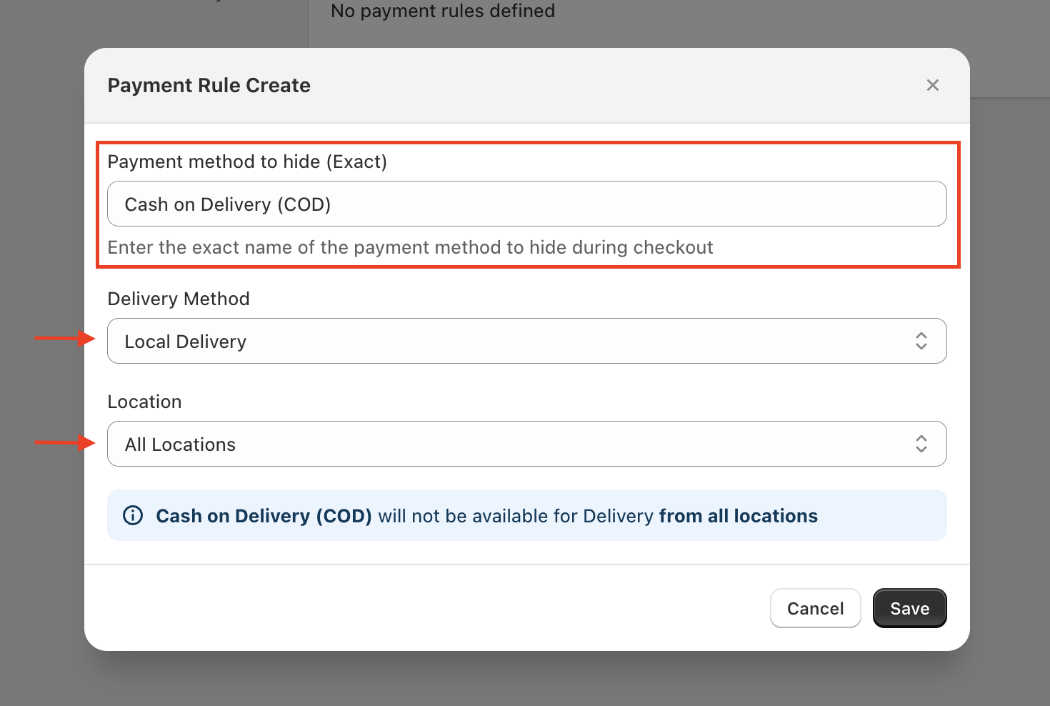 Input field for the name of the Payment Method and dropdowns for locations and Delivery Methods