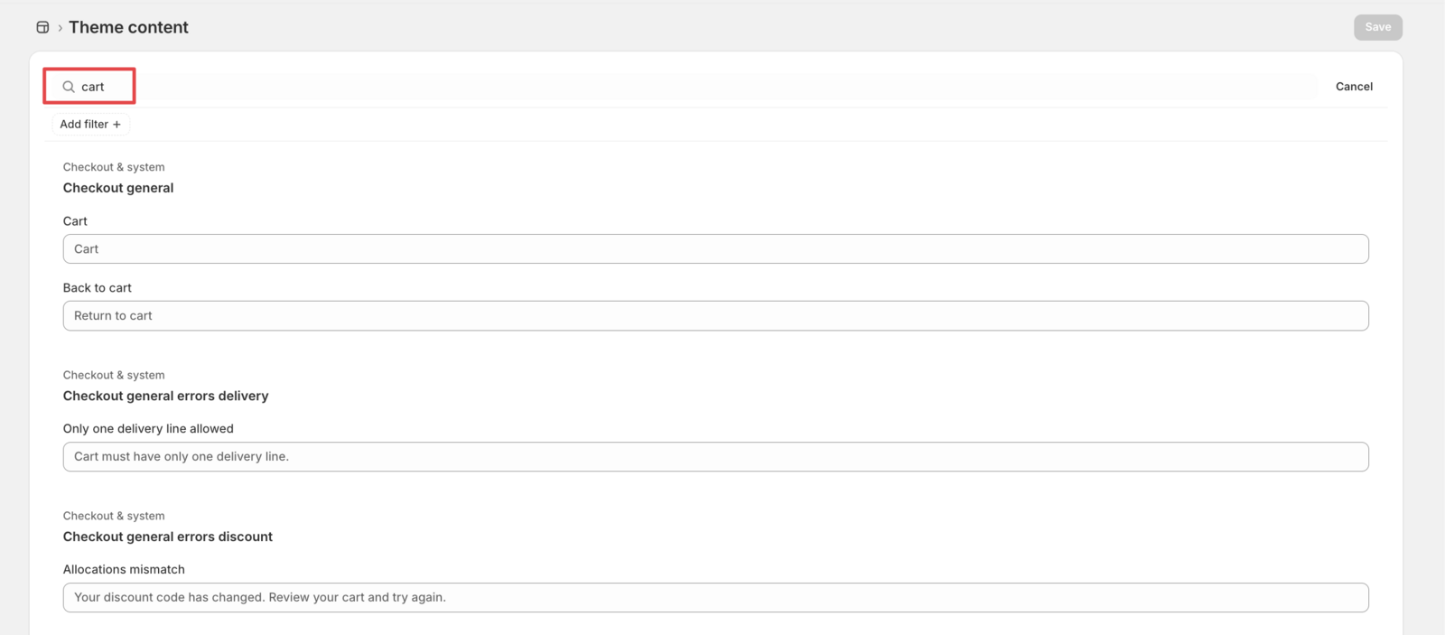 Demonstrates searching for cart-related text strings in the language editor