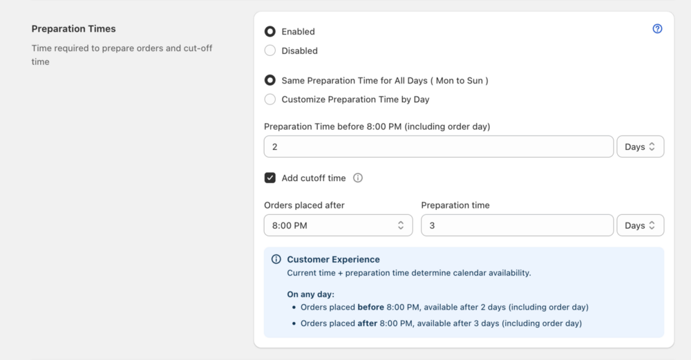 Shows Preparation Time settings panel in Bird App