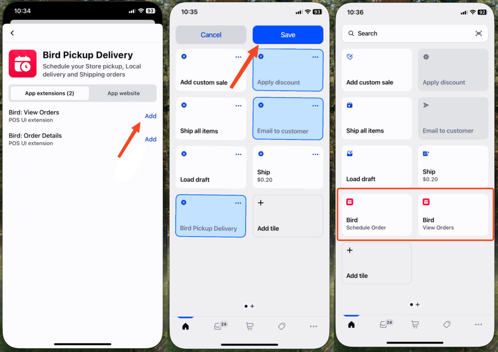 POS app tile selection screen showing the Bird View Orders extension option for managing existing scheduled orders