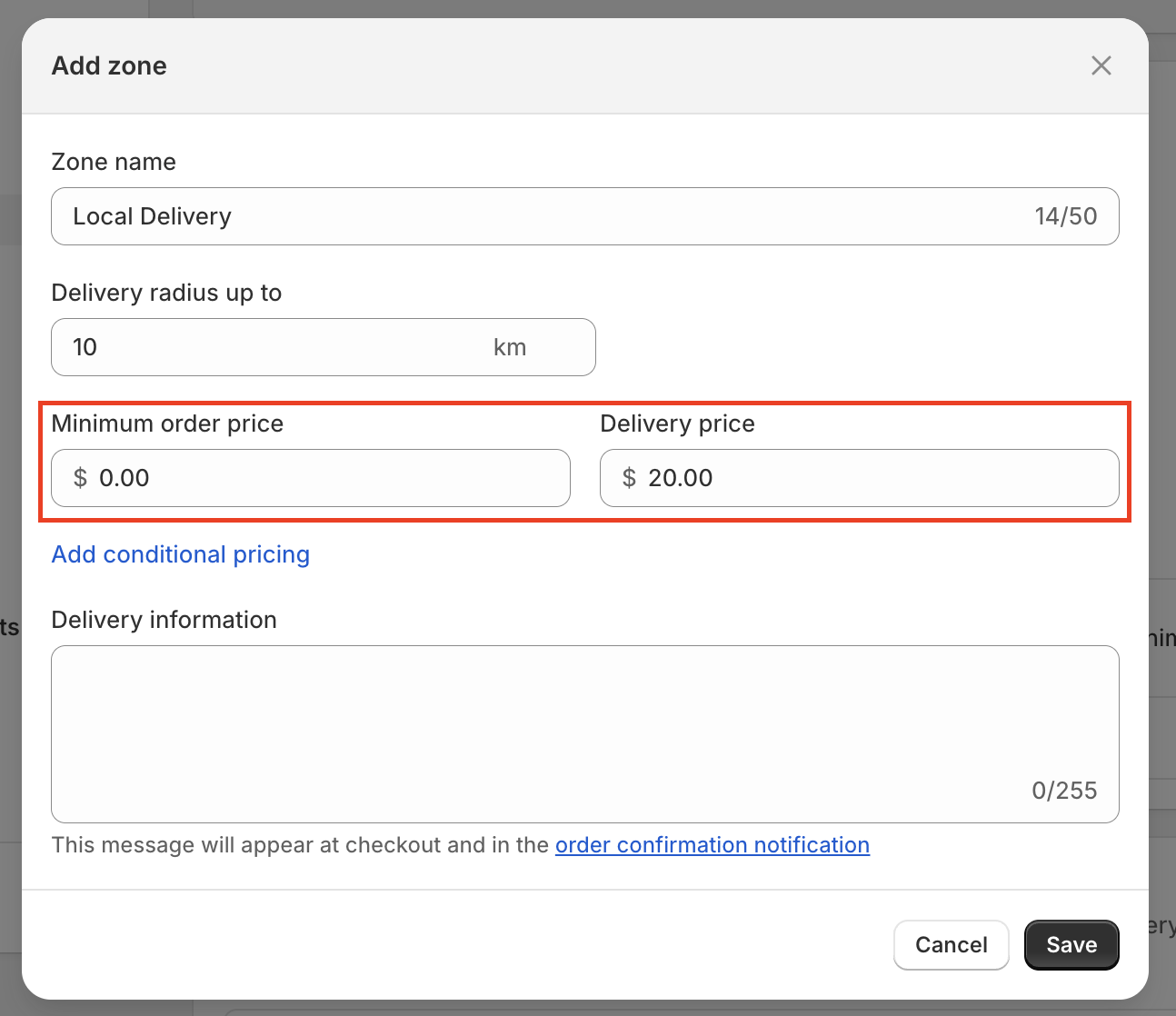 Shows the delivery rate configuration with minimum order value and delivery charge fields