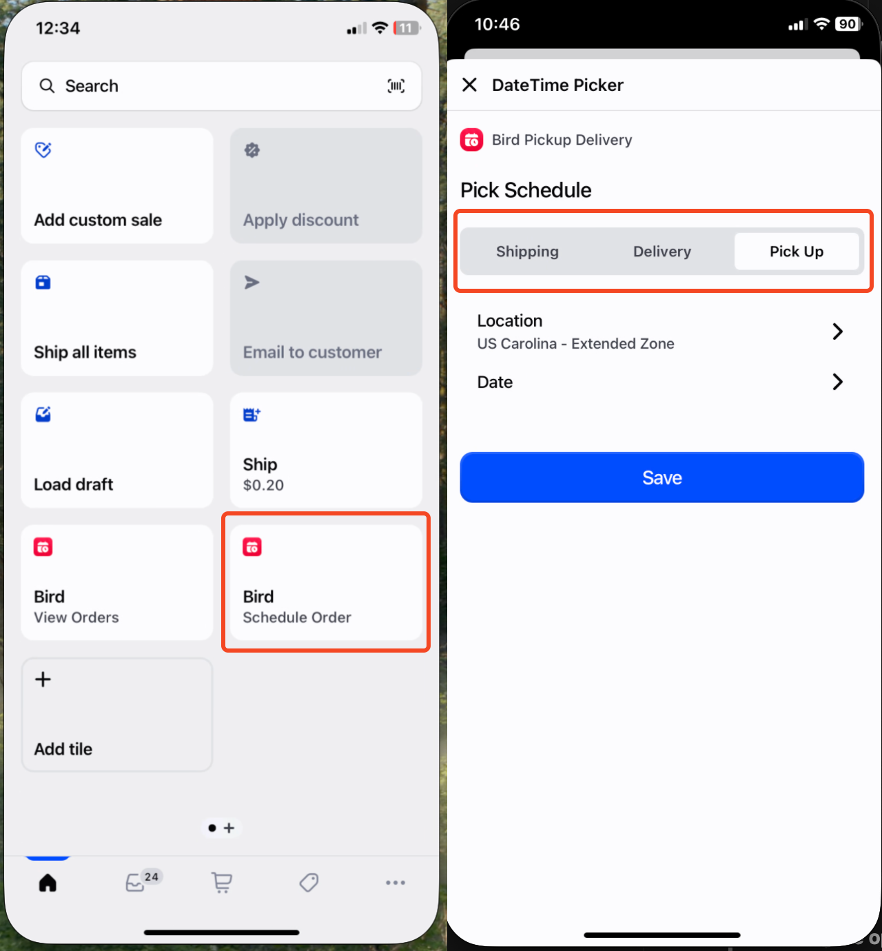 Bird app interface in POS showing delivery method selection options including Shipping, Delivery, and Pickup methods with configuration fields