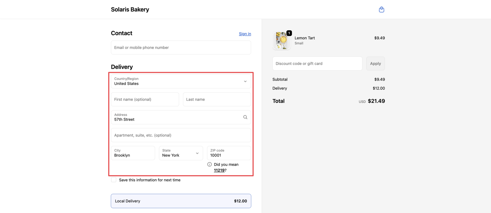 AFTER : Shows the checkout page with proper shipping/delivery address form.