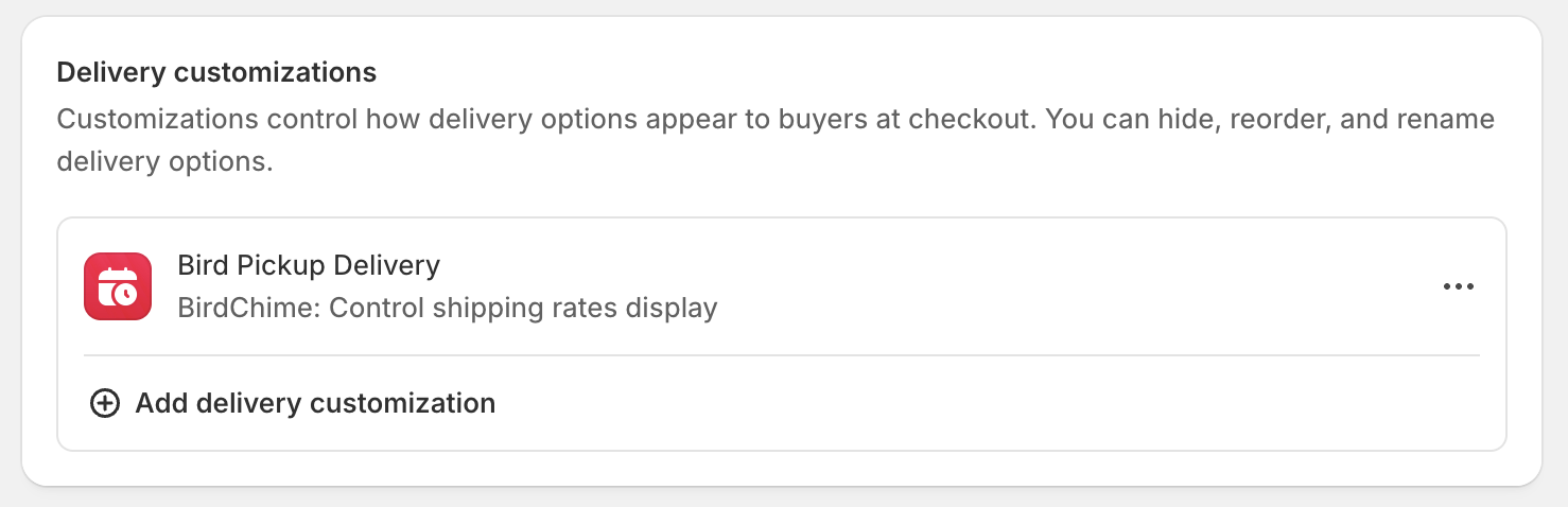 Shopify's delivery customization settings where conflicting apps can be managed