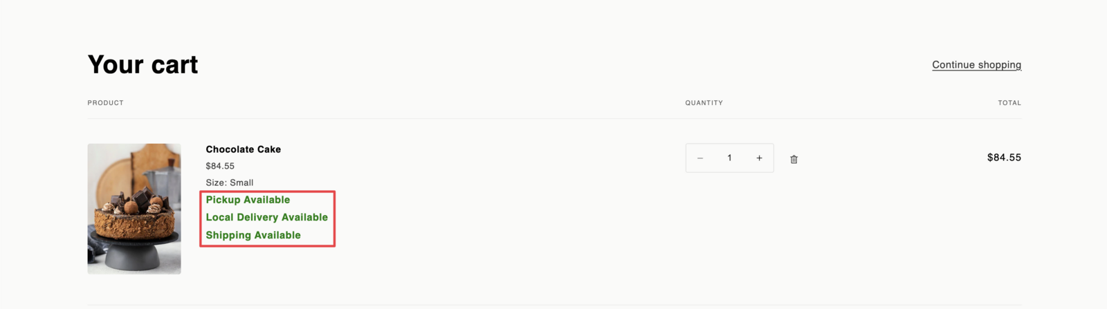 Cart page showing delivery method indicators next to product
