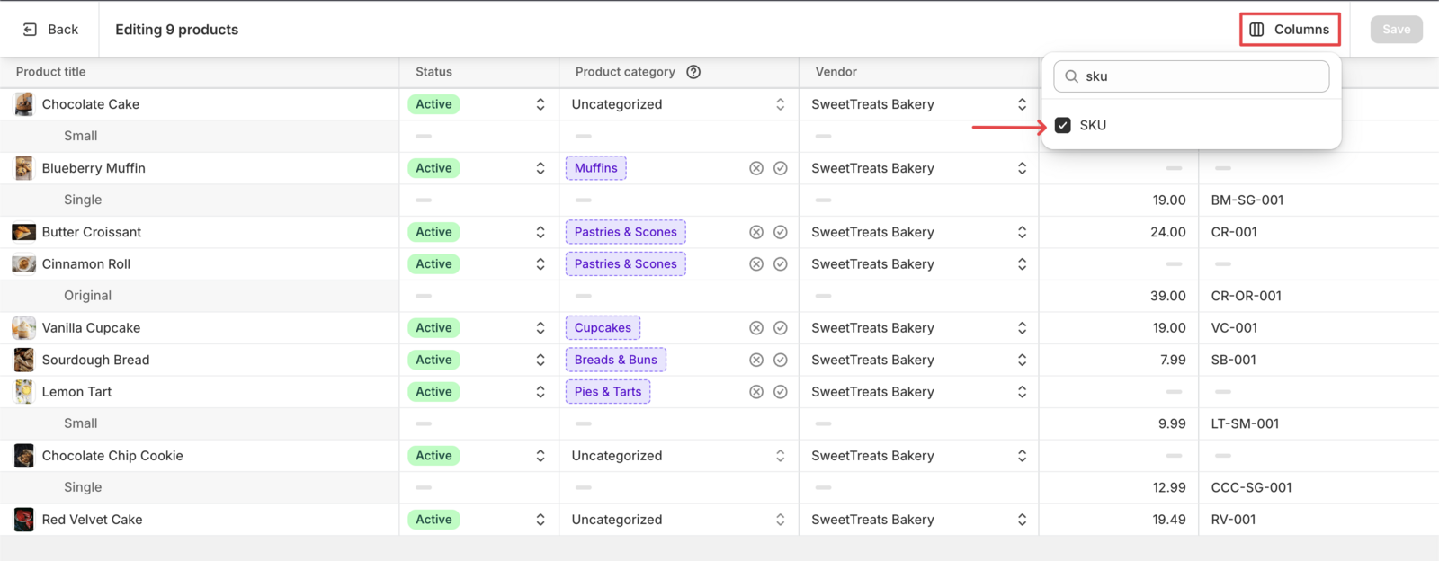 Columns dropdown with SKU selected in the bulk editor
