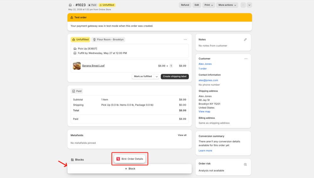 Shopify admin order page showing the Bird Order Details block in the Blocks section