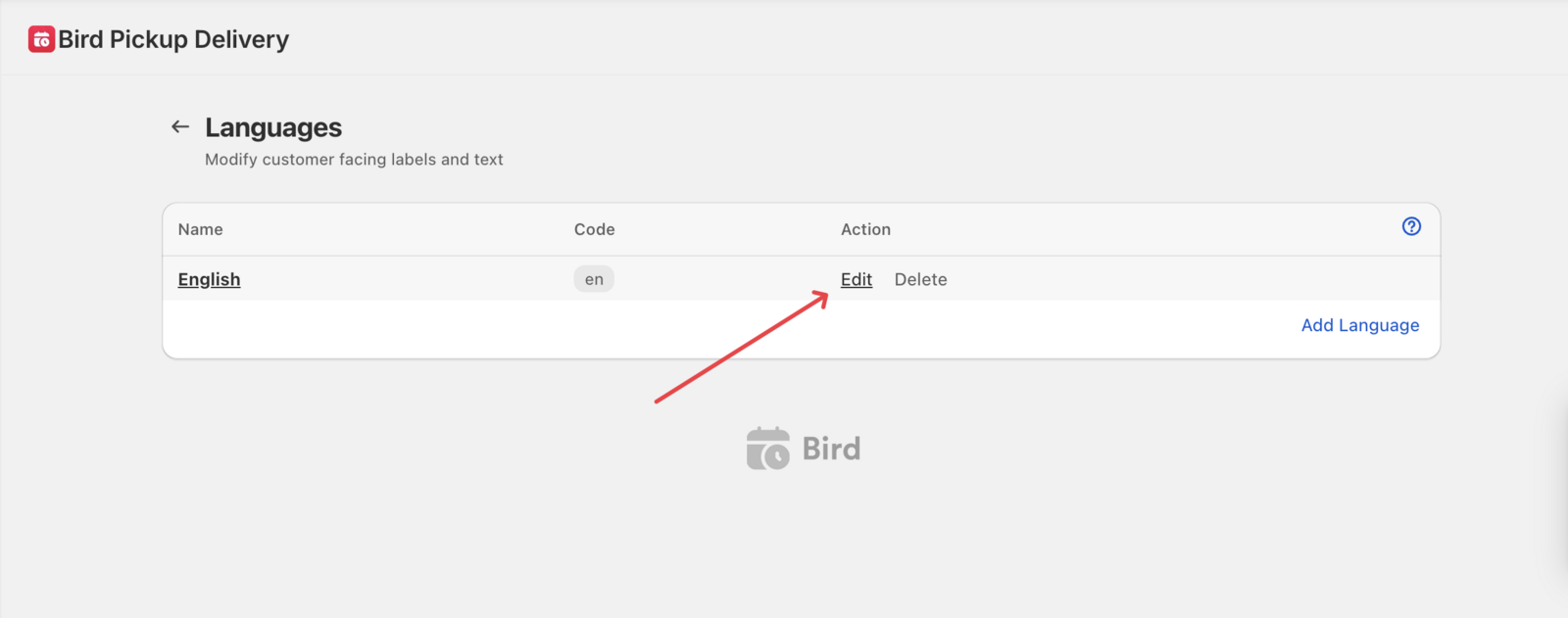 The Edit button for Text & Languages in the Bird App settings
