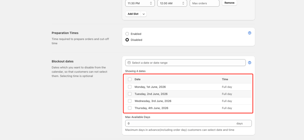 Shows the Blockout dates section of a location with the newly added dates listed in the table