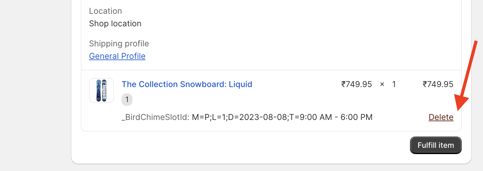 Shows the order details with _BirdChimeSlotId visible and a delete button that appears on hover