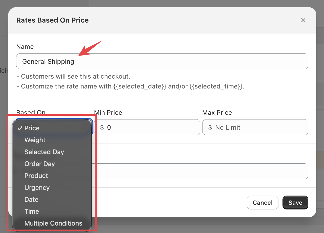 Rate configuration form showing Rate Name field and Condition dropdown selection