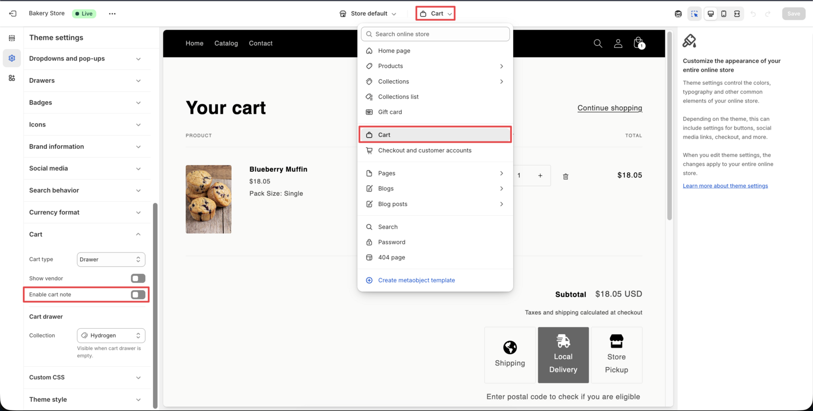 Demonstrates the cart section selection in the theme customizer sidebar
