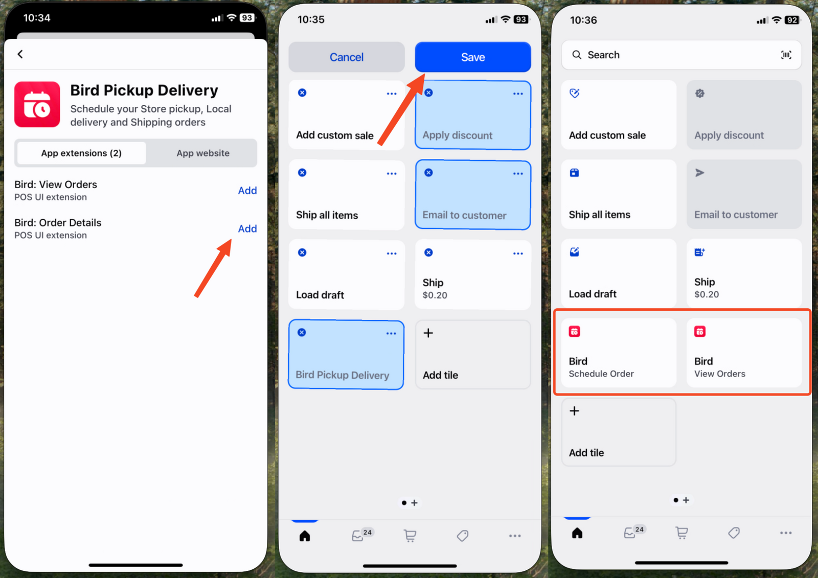 Shows Bird Order Details tile successfully added to POS interface, ready for scheduling orders with date and time selection