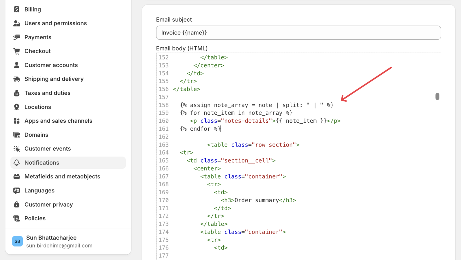Template Editor showing the approximate location where to paste the code