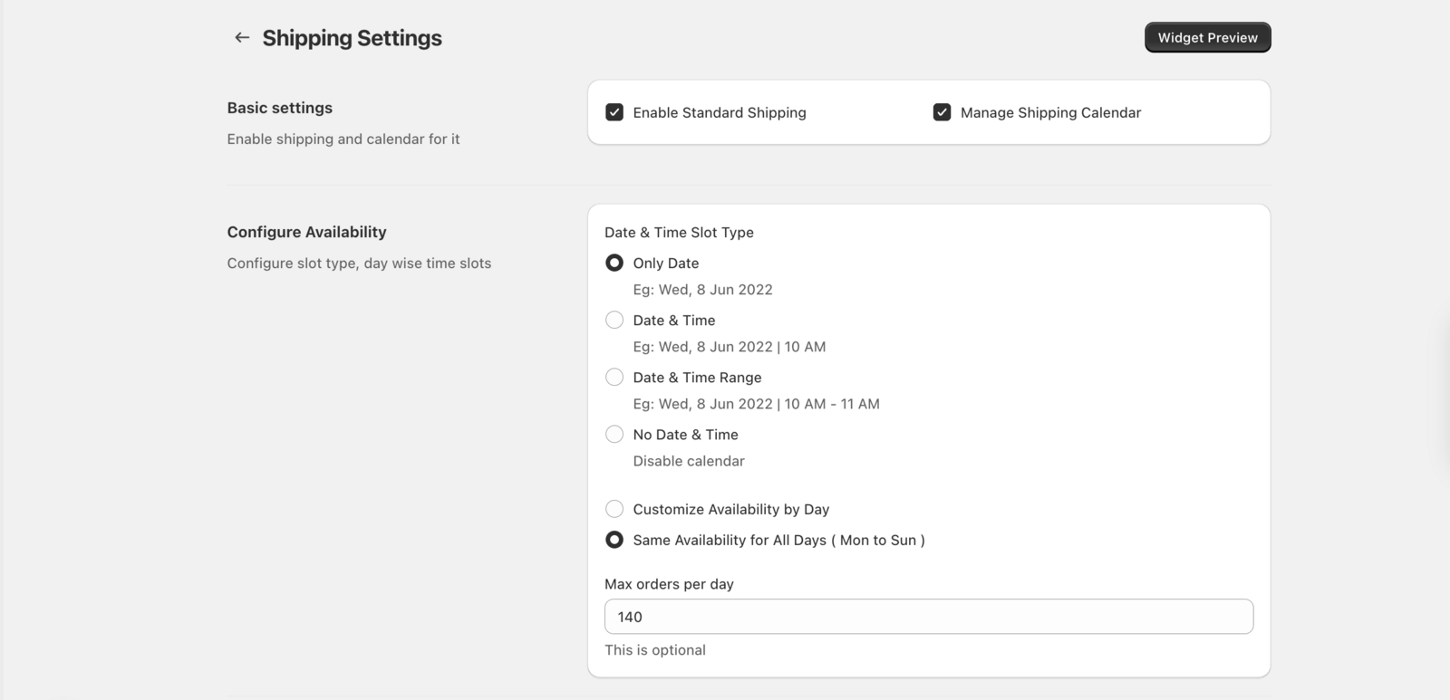 Shows the shipping calendar configuration interface with date selection options.