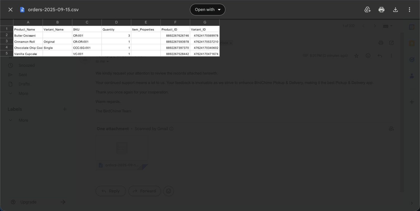 Displays the downloaded production report file ready for review