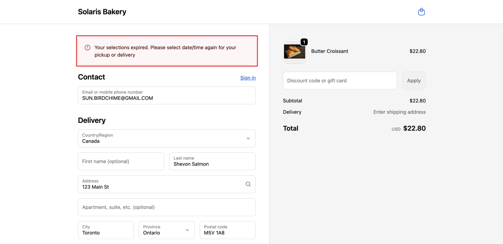 Expiration of the Date / Time Selection on Checkout Page