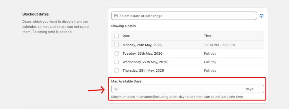 Shows the Max Available Days field in the Blockout Dates section