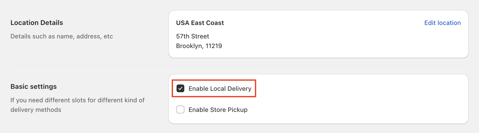 Shows the local delivery settings page with postal code configuration options