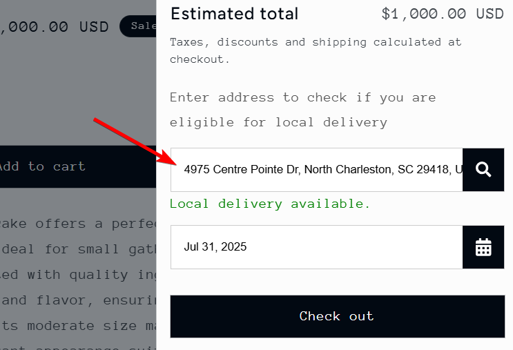 Customer selecting delivery date and time from the assigned location's schedule with successful location validation
