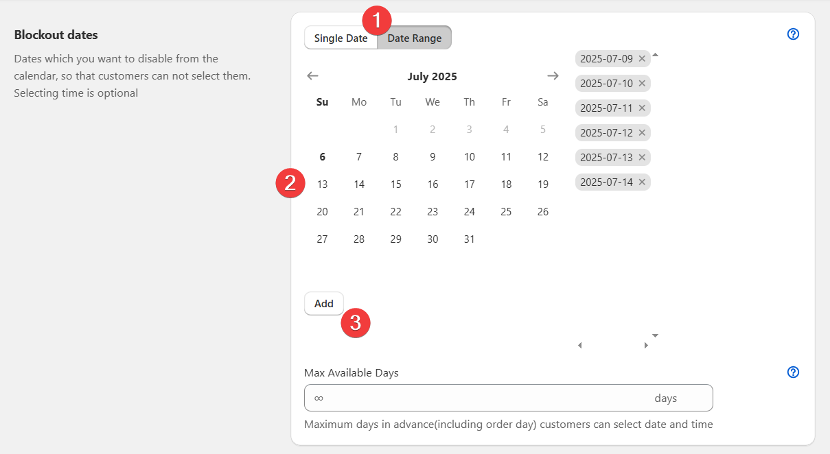 Blockout Dates options