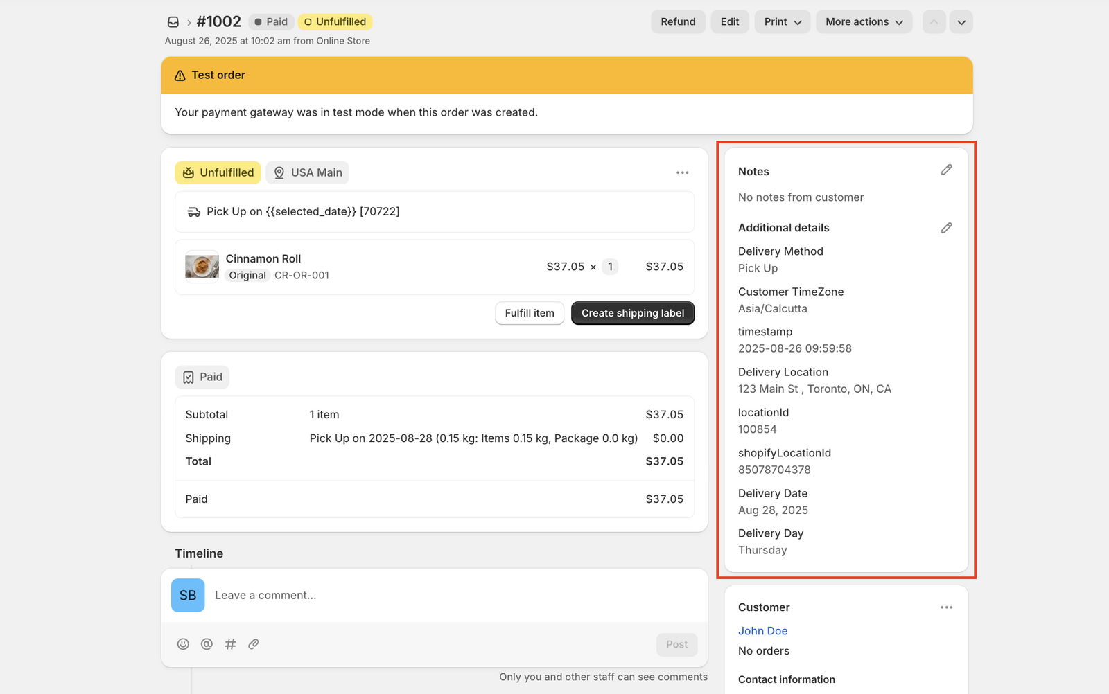 Shows the Shopify order details page with delivery information properly attached to the order