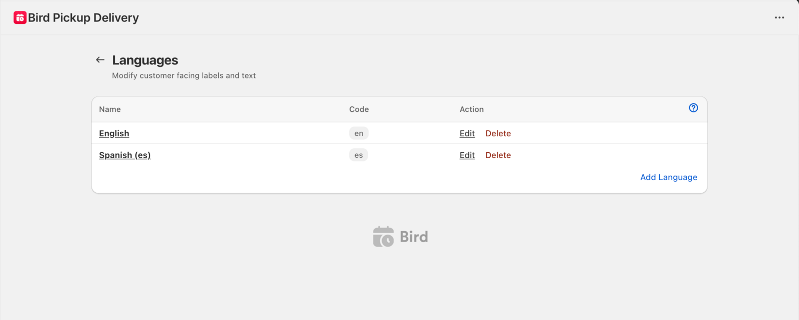Text and Languages page displaying existing languages and the Add Language button