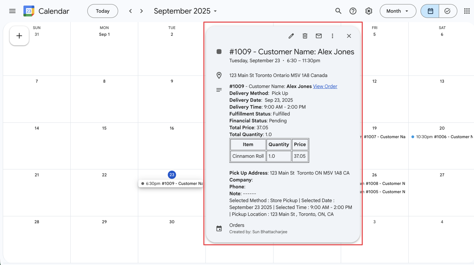 Detailed order event template showing customer information, delivery method, and order details within the calendar event