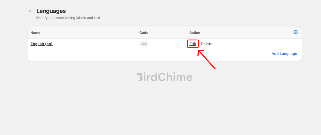 Languages list showing English (en) with the Edit button highlighted