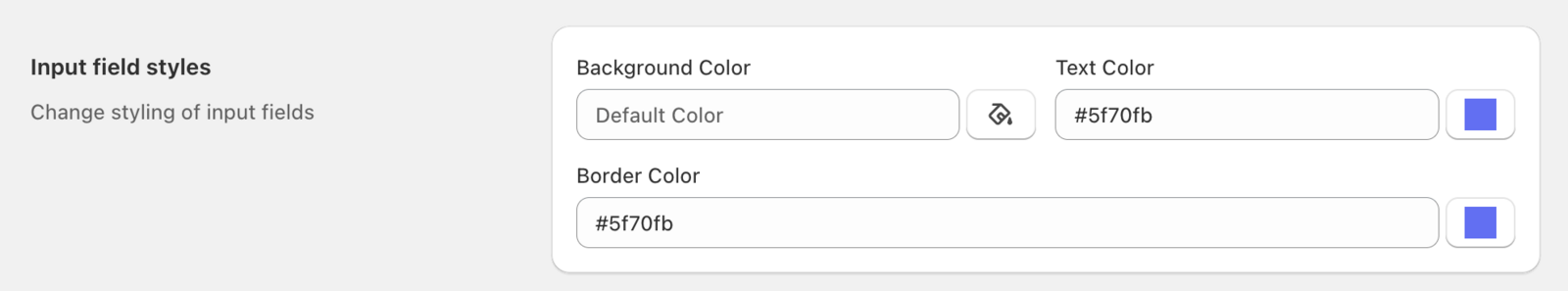 Input field styling options showing background colors, border colors, and text color settings