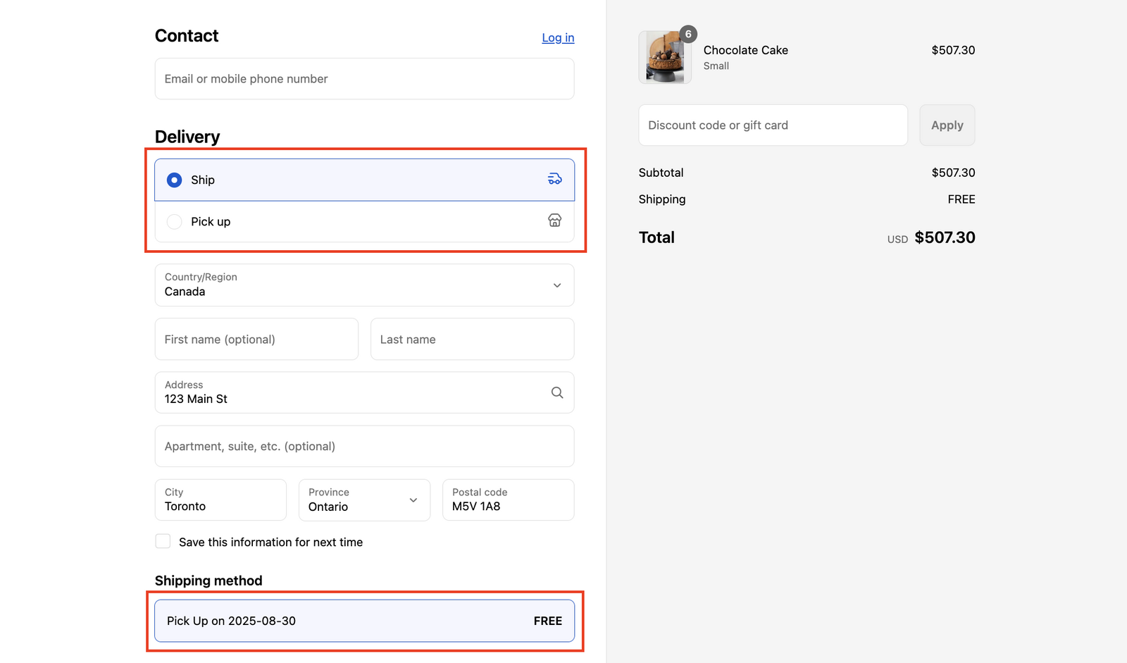 Shopify checkout showing duplicate store pickup options (Before)