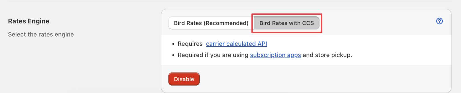 Bird app dashboard showing CCS configuration option under Rates setting
