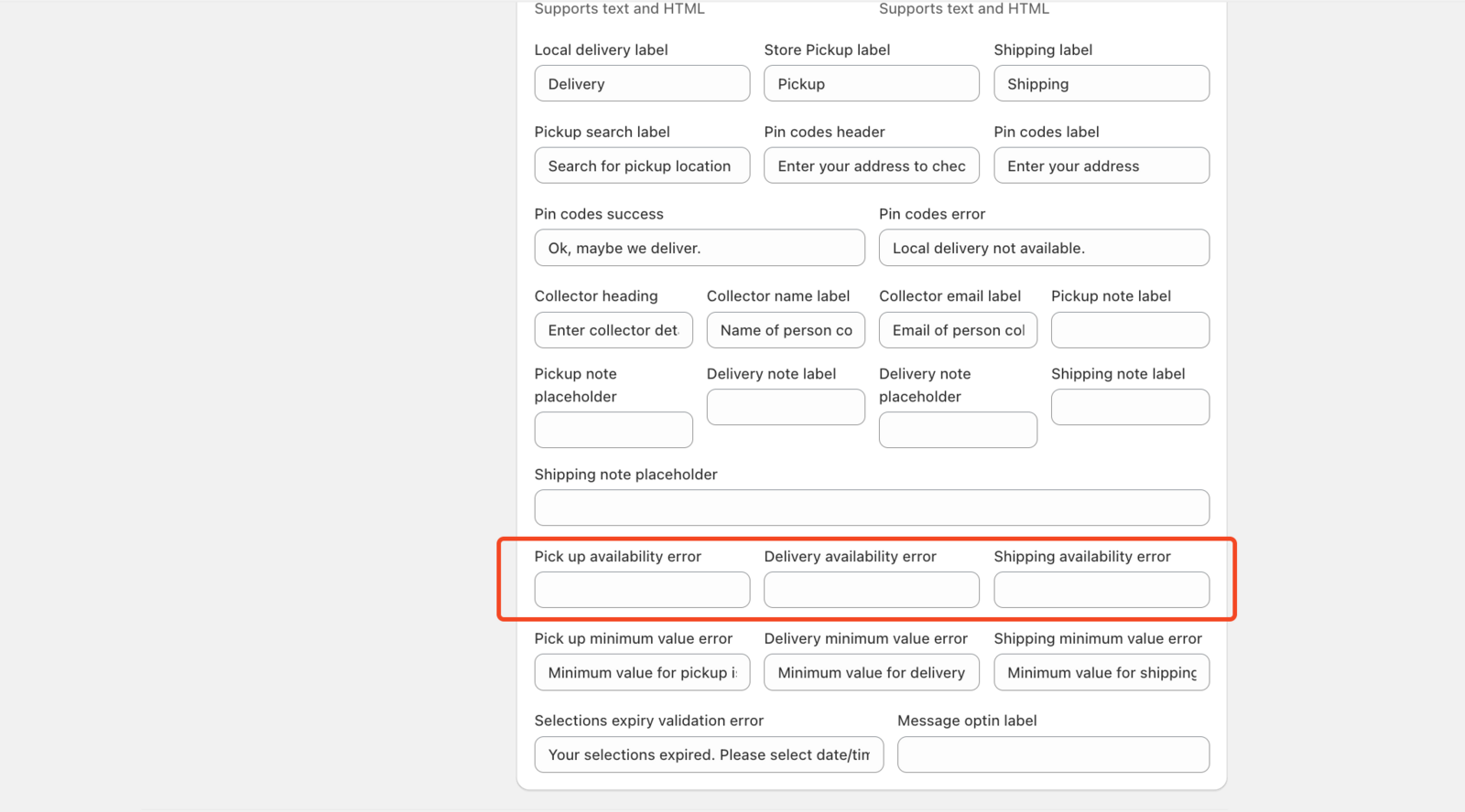 Image showing the location of the error fields in Text & Language settings