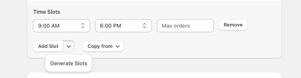 Add Slot dropdown showing the Generate Slots option