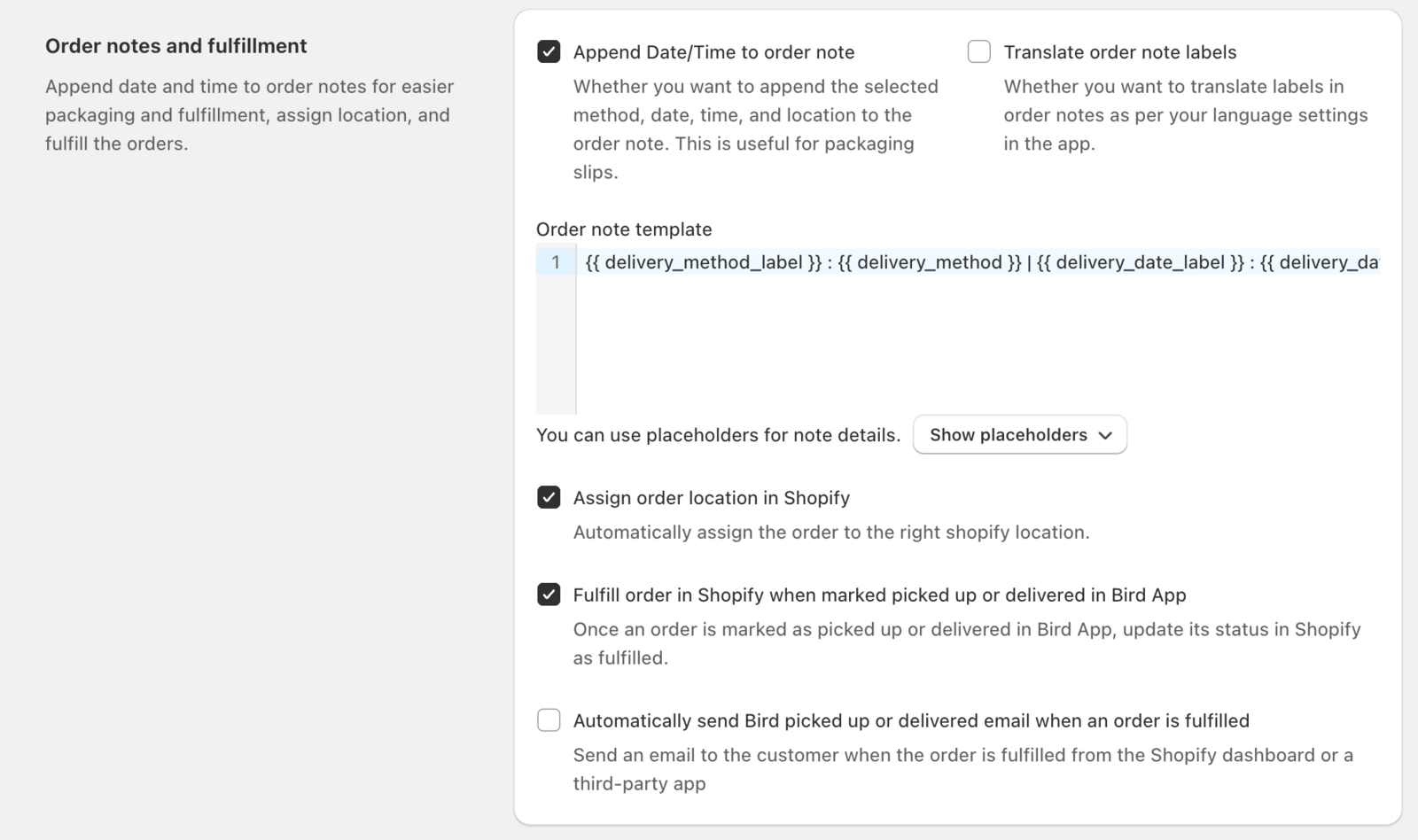 Order Notes and Fulfillment section in Order Management settings of Bird App