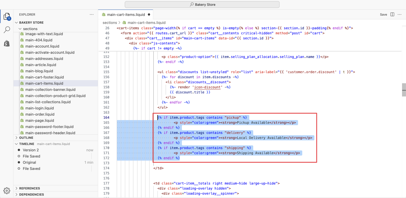Code editor showing the delivery method snippet added to the cart template