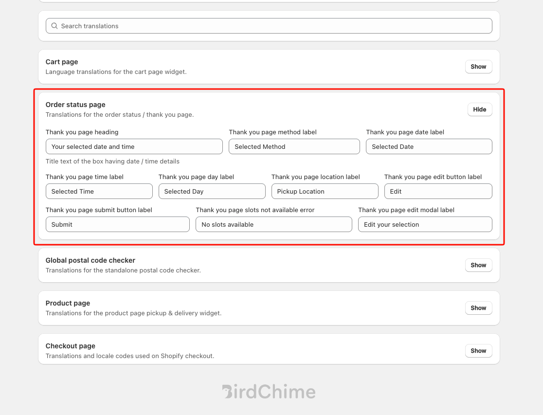 Order status page settings expanded, showing all Thank you page label fields