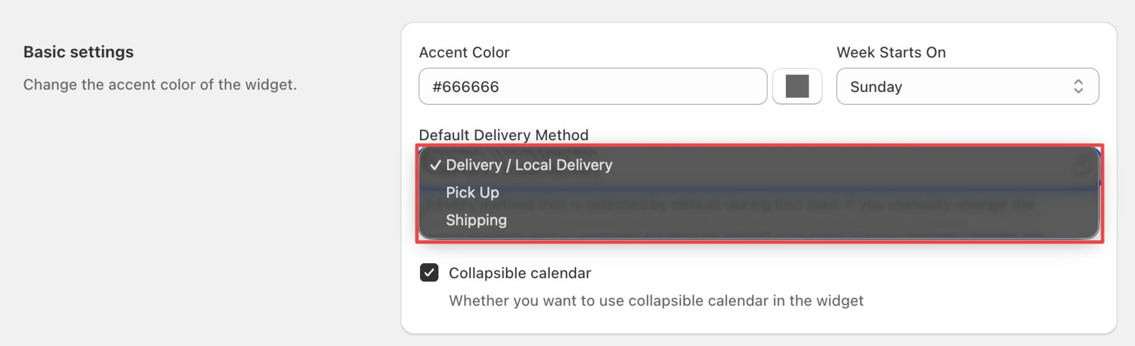 Default delivery method dropdown showing available delivery options