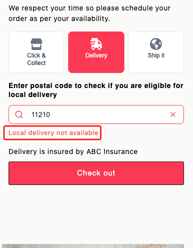 Cart widget on the Local Delivery tab showing "Local delivery not available" after an out-of-zone postal code is entered