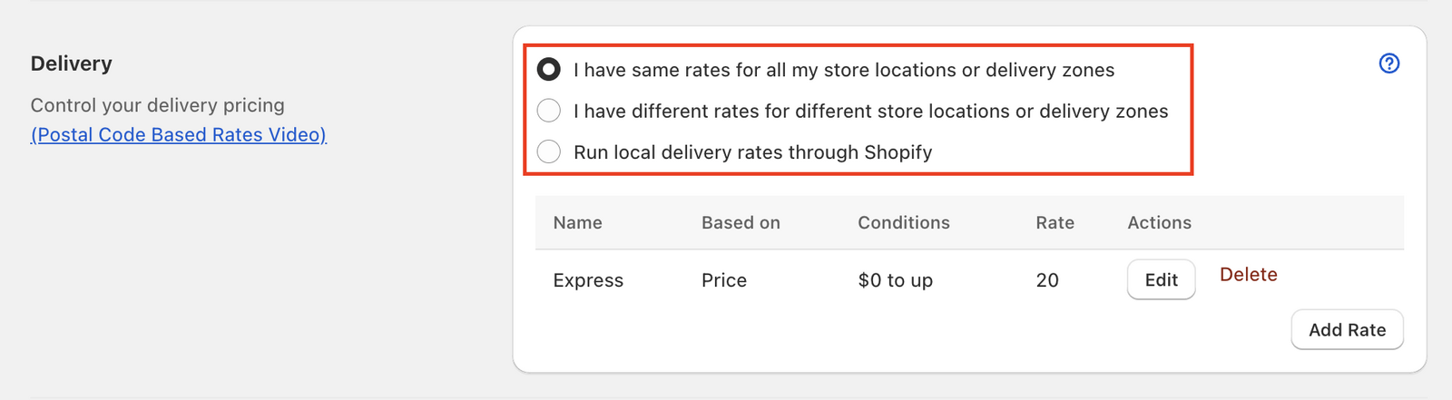 Shows the rate configuration interface with the option to set same rates across all locations