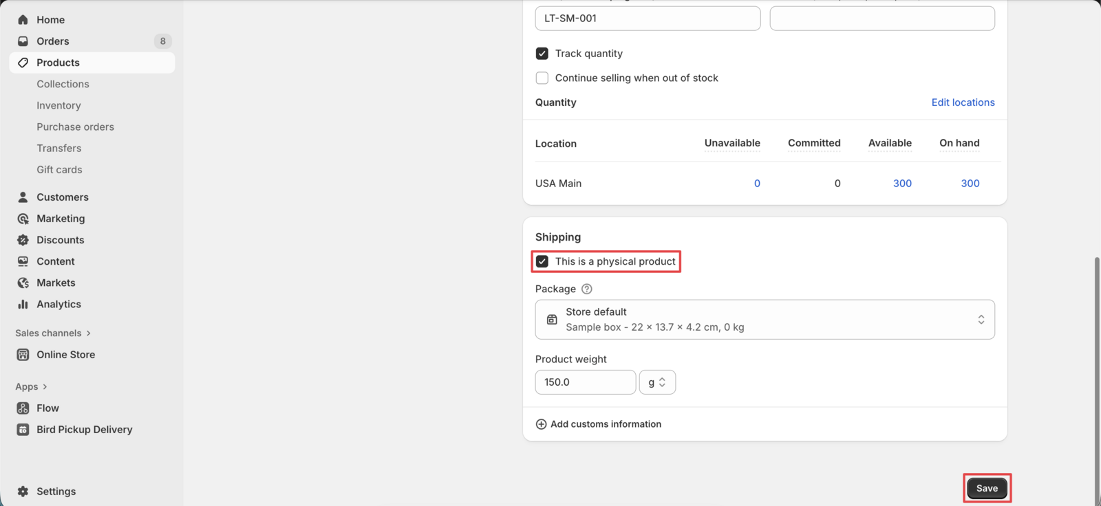 Shows the completed product edit with the physical product checkbox enabled and save button highlighted