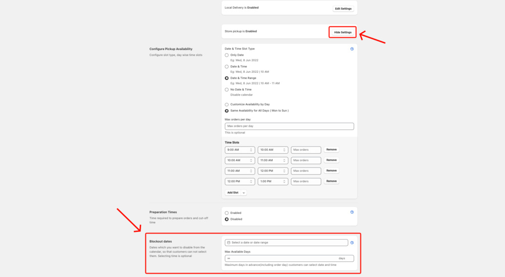 Shows the Blockout Dates section in Store Pickup settings