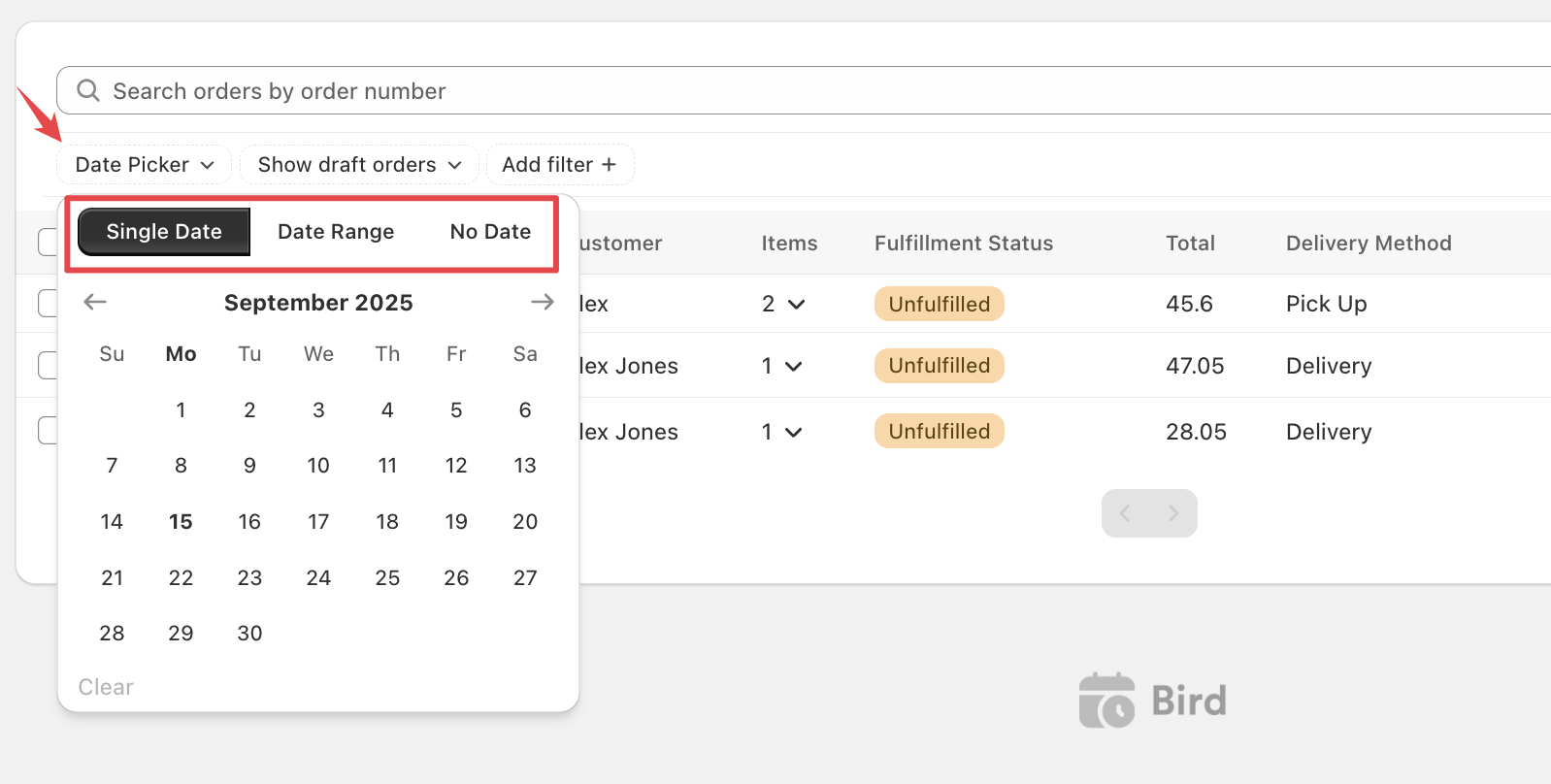 Displays the date picker interface with options for single date or date range selection