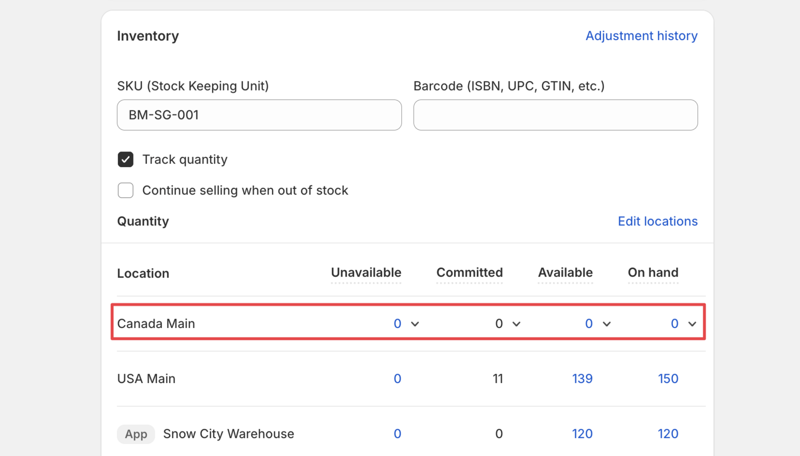 Shows inventory with zero stock at a specific location